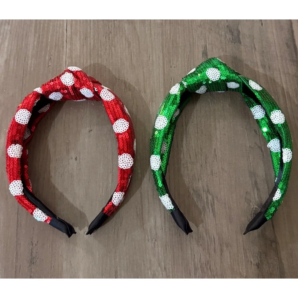 Lanmerry Christmas Sequin Knotted Headband Set Red Green Polka Dot 2 Pack NEW